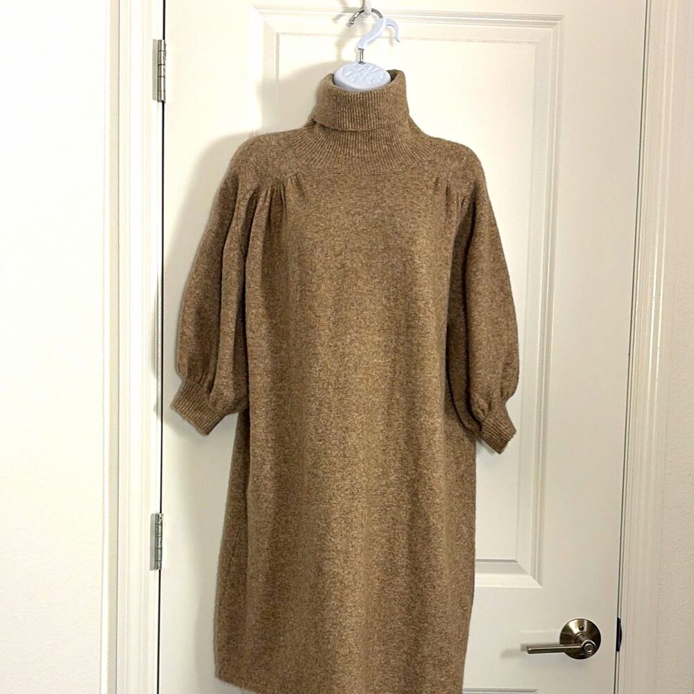 ZARA Beige Turtleneck Balloon Sleeve Sweater Dress Knee Length XL flaw see pic